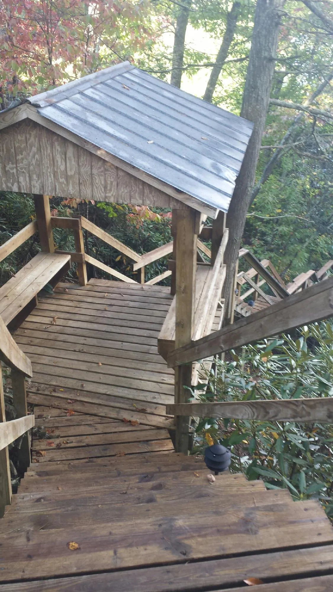 Metal roofed shelter over wooden steps on a wooded walkway — Skylight Repair & Installation work by our crew in Fort Lupton
